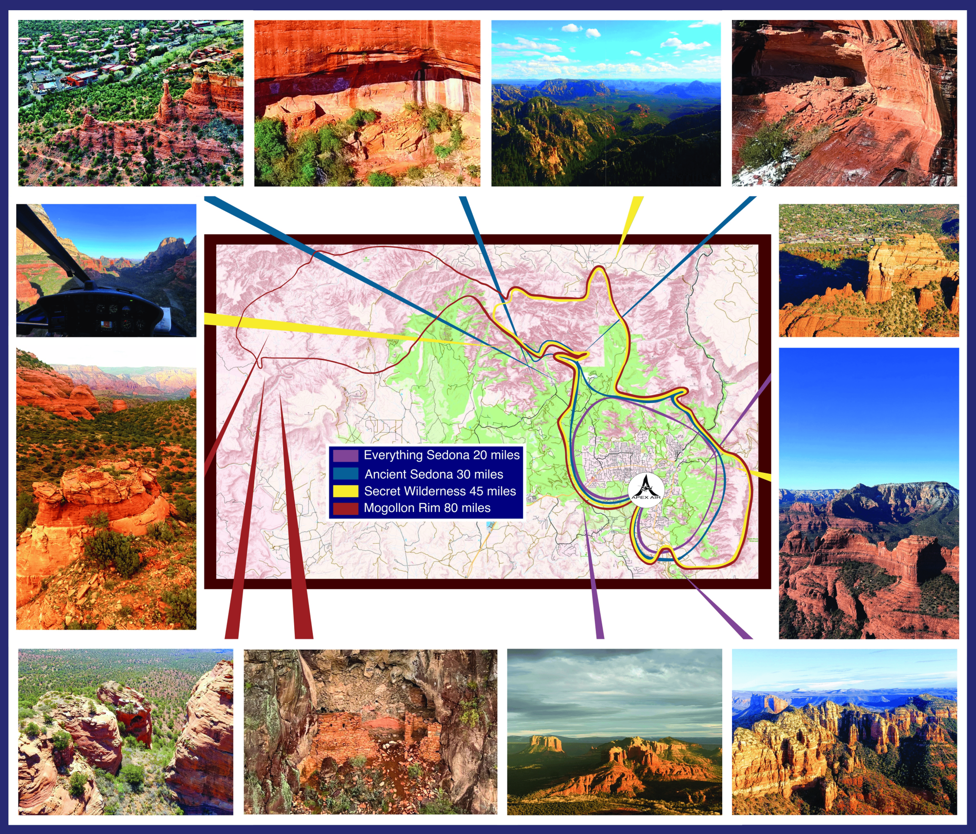 Collage of Sedona landscapes with a central map and red rock formations.