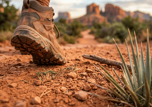 Close-up of a hiking boot on a rocky desert trail with blurred mountains in the background.